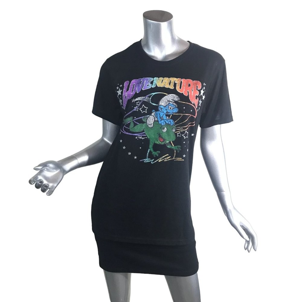The Smurfs Medium  "Love Nature" Graphic Tee Shirt Black Frog Rainbow Crew Neck